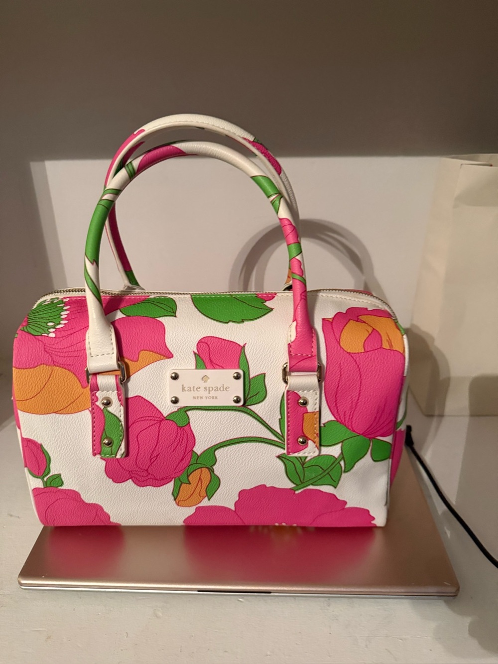 White Floral Tote Bag with Pink & Green Print KATE SPADE LIKE NEW CONDITION